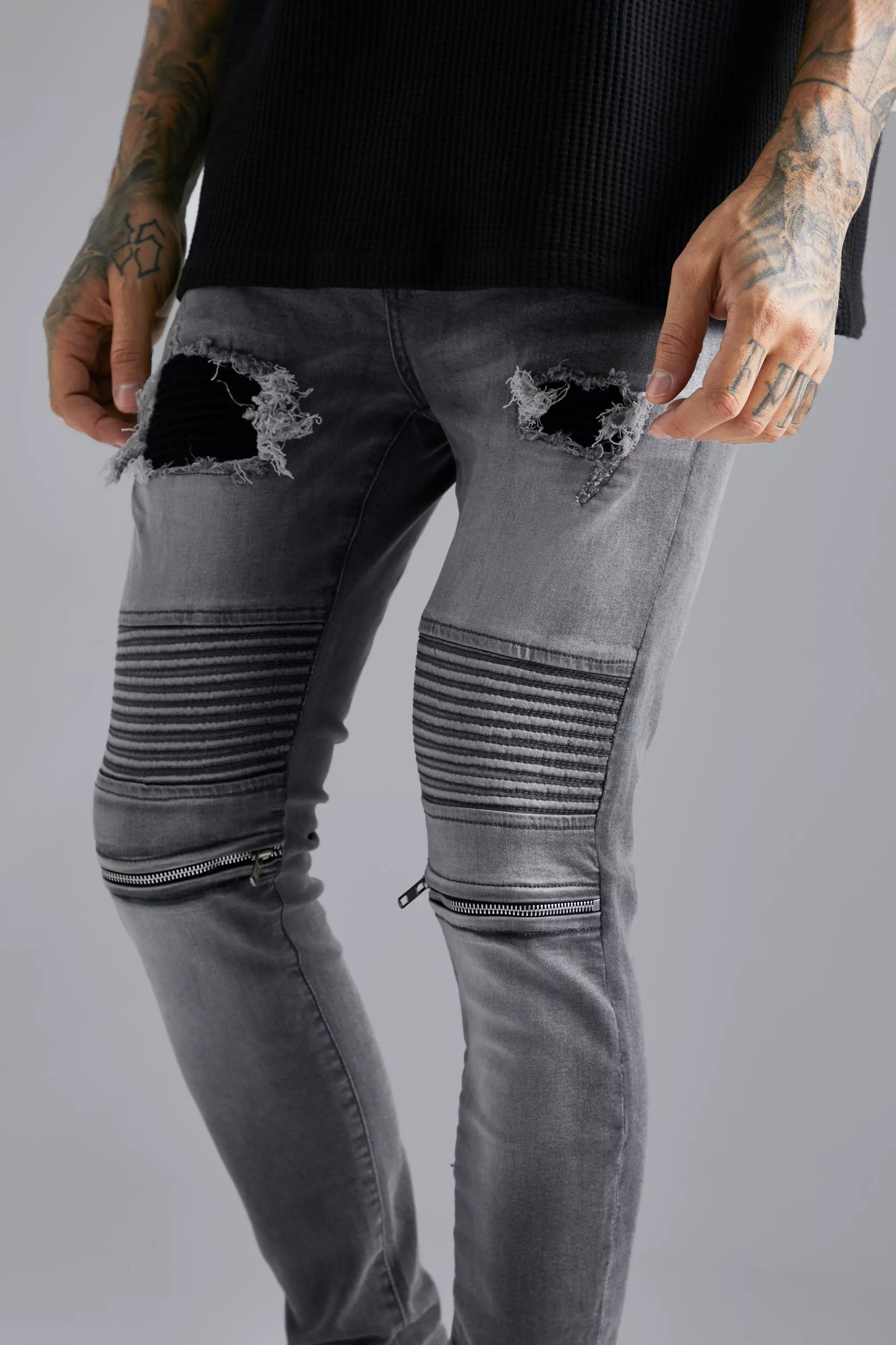 Mens skinny ripped biker on sale jeans